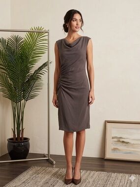 Halston Heritage Grey Stone Ruched Midi Dress, Size 2